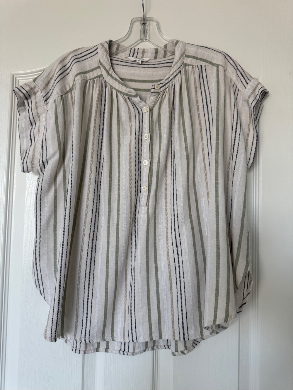 Splendid Vertical Striped Short Sleeve Button Henley - White, Olive, Navy
